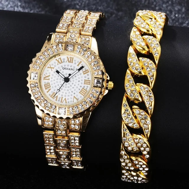 Men Diamond Crystals Watch and Bracelet Set