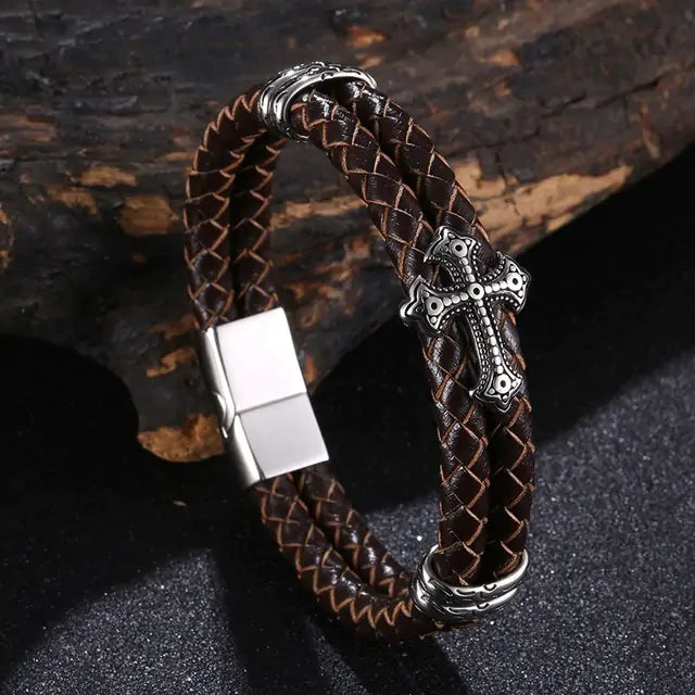 Men Luxury Multicolour Cross Design Stainless Steel Leather Bangle Bracelet
