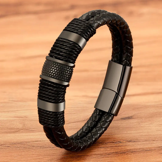 Men Woven Leather Rope Wrapping Stainless Steel Men's Leather Bracelet