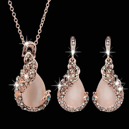 3pcs/set Jewellery Sets Women Elegant Waterdrop Rhinestone Pendant Necklace Hook Earrings Set