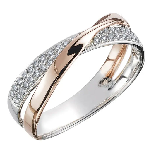 Fresh Two Tone X Shape Cross Ring for Women Wedding Trendy Jewelry Dazzling CZ Stone Large Modern Rings
