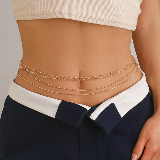 Layered Metal Thin Chain Multi-layer Heart Beading Waist Chain for Women Fashion Body Jewllery
