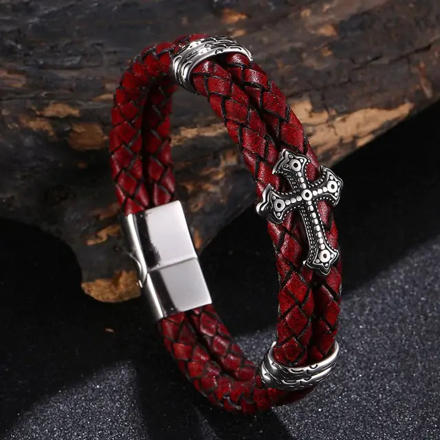 Men Luxury Multicolour Cross Design Stainless Steel Leather Bangle Bracelet