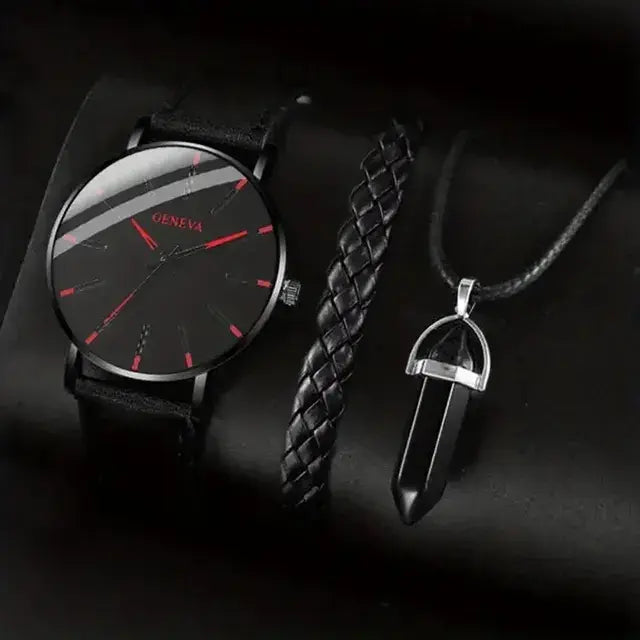 3pcs Set Fashion Mens Watches Luxury Casual Leather Quartz Wristwatch Men Business Sports Wrist Watch Bracelet Necklace Set