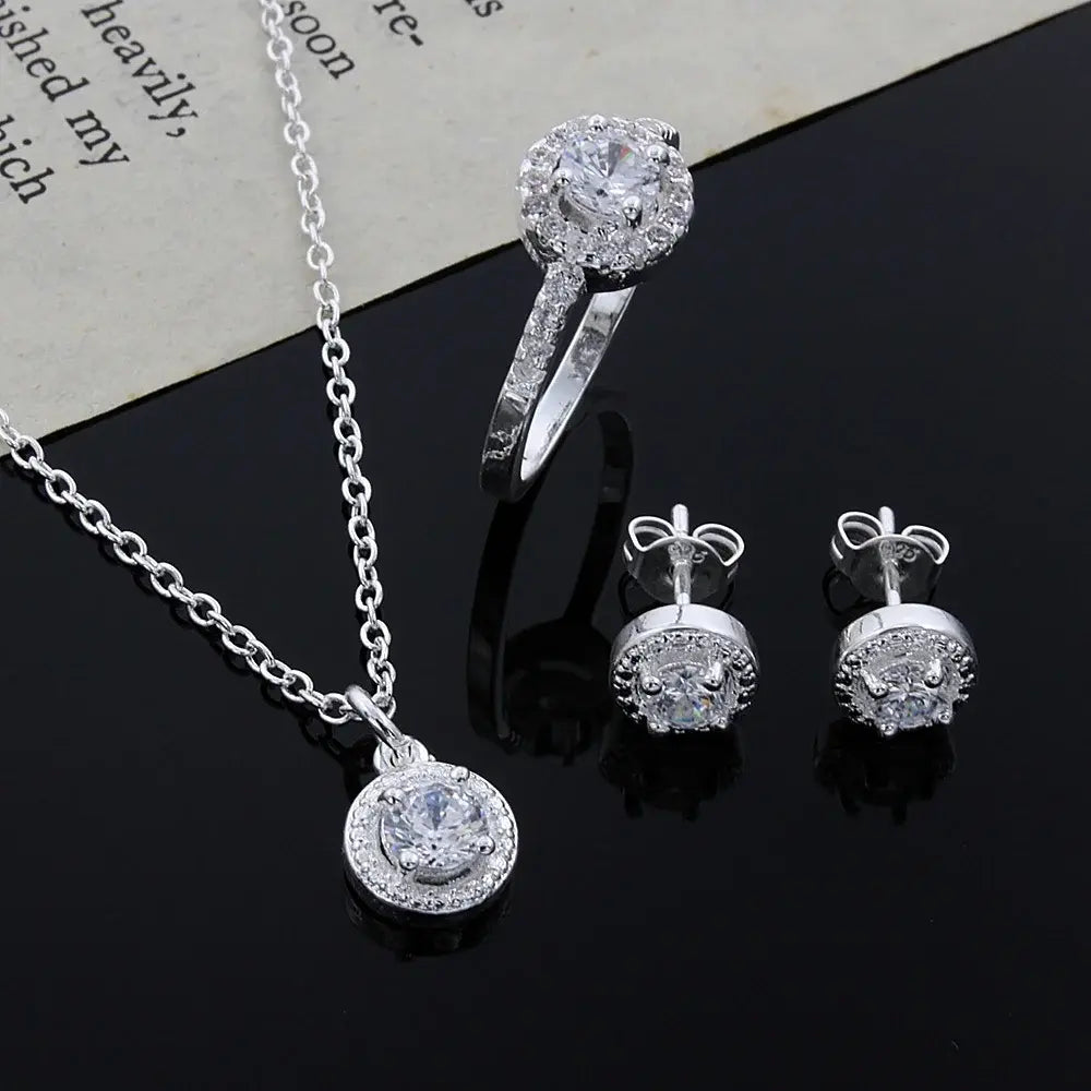 925 sterling Silver crystal pendant necklace earring ring for women Fashion Party wedding accessories Gift Set