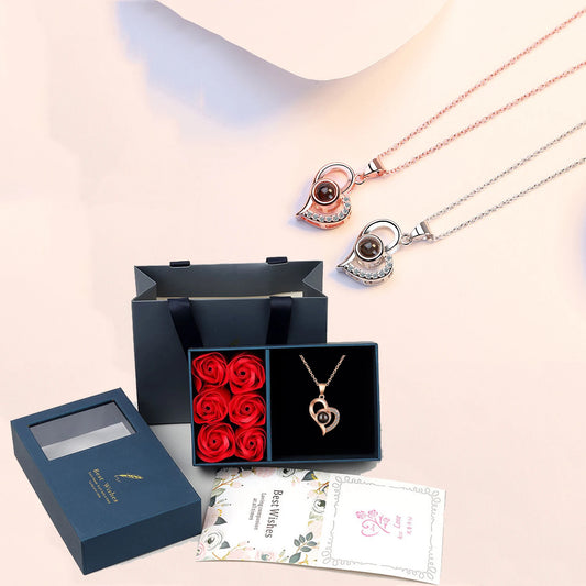 Ladies 100 Languages "I Love You" Necklace with 6 Roses Luxury Gift Box